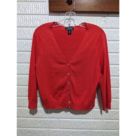 Lands End Women's M V-Neck Orange Button Front Pima 100% Cotton Cardigan - Picture 1 of 6